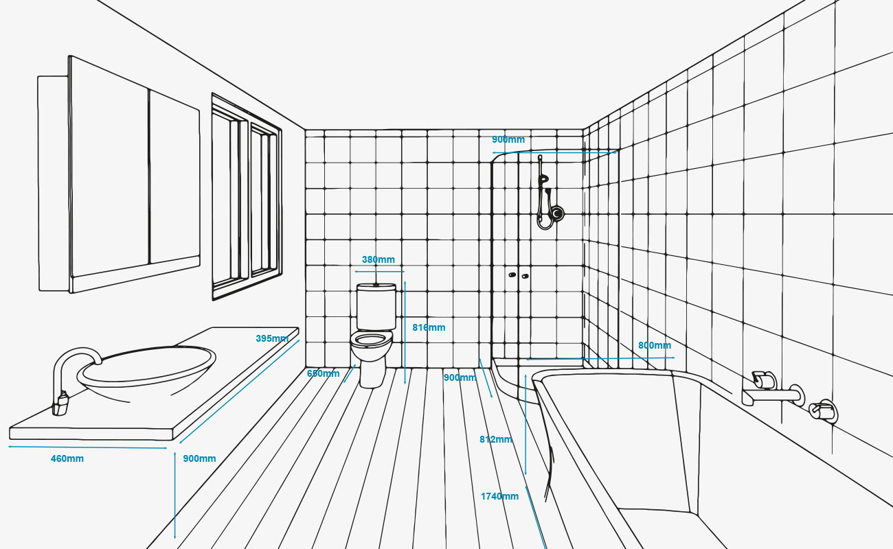 bathroom measurements grey backgrpound ابعاد و استاندارد فضاهای مسکونی
